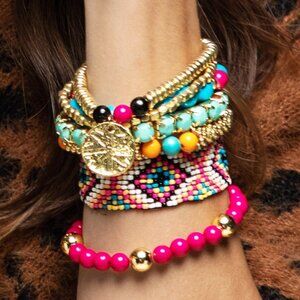 5PCS - BoHo Patterned Beaded & Wood Bracelet STACK SET NEW